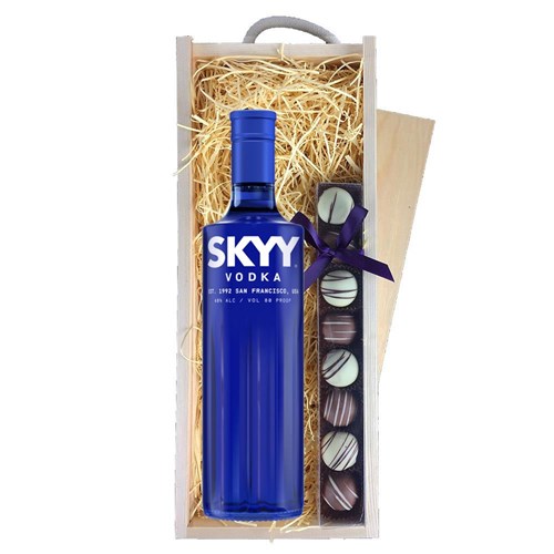 Skyy Vodka 70cl & Heart Truffles, Wooden Box